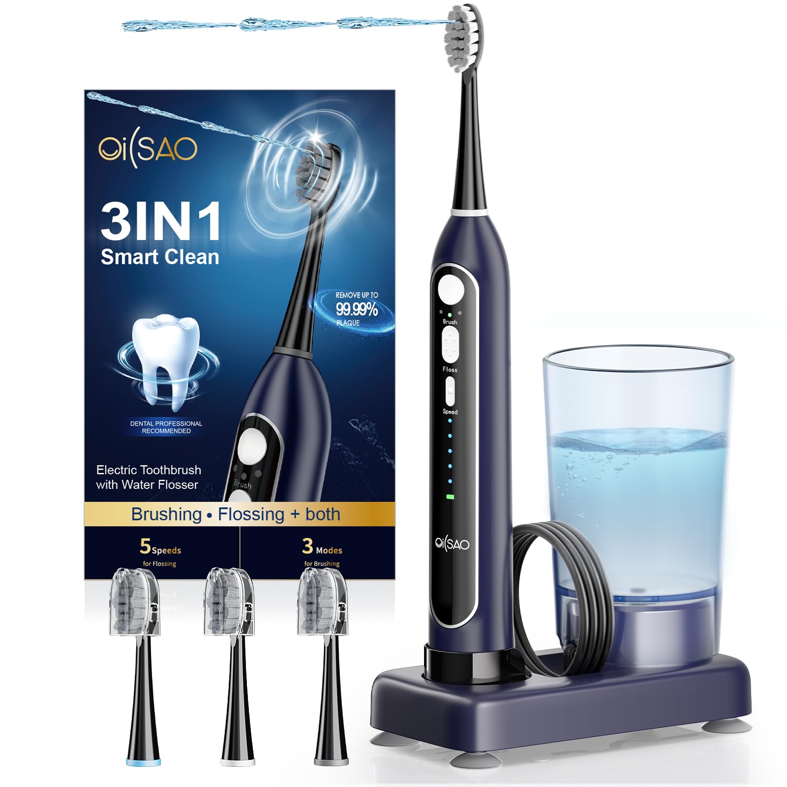 Front view of OILSAO 3-in-1 toothbrush and water flosser