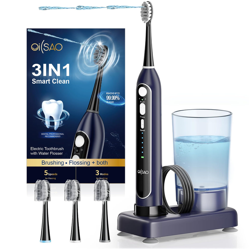Front view of OILSAO 3-in-1 toothbrush and water flosser