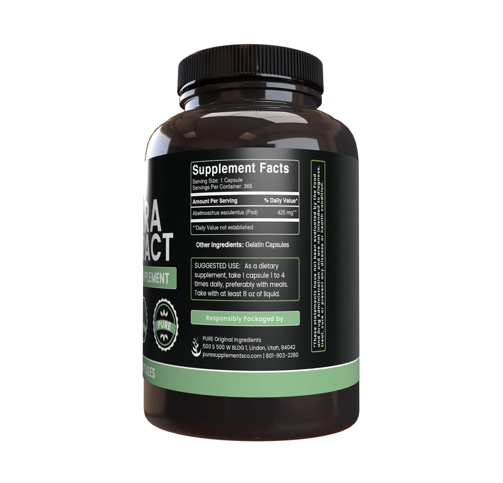 Okra Extract 365 Capsules back panel with nutrition facts