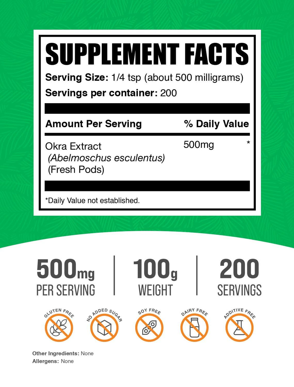 Okra extract powder bottle showing 100g package with 500mg serving
