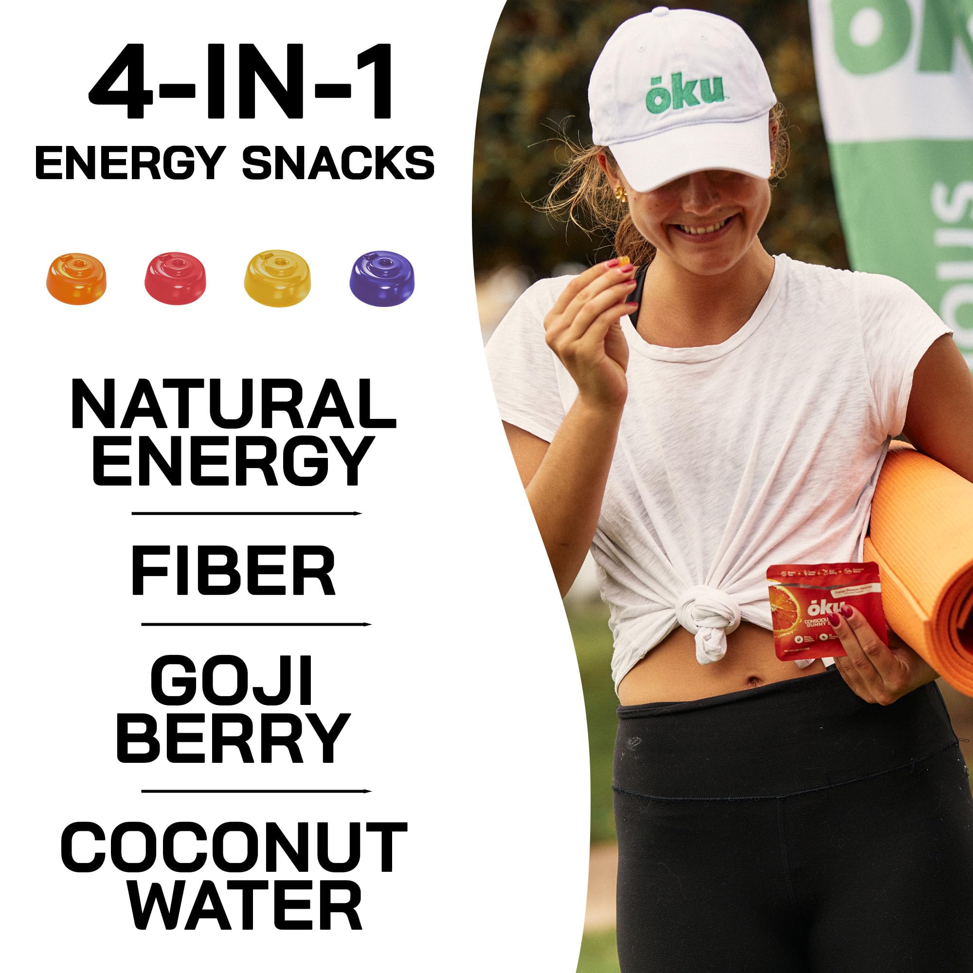 OKU ōku Energy Chews bag back highlighting vegan, non-GMO formula
