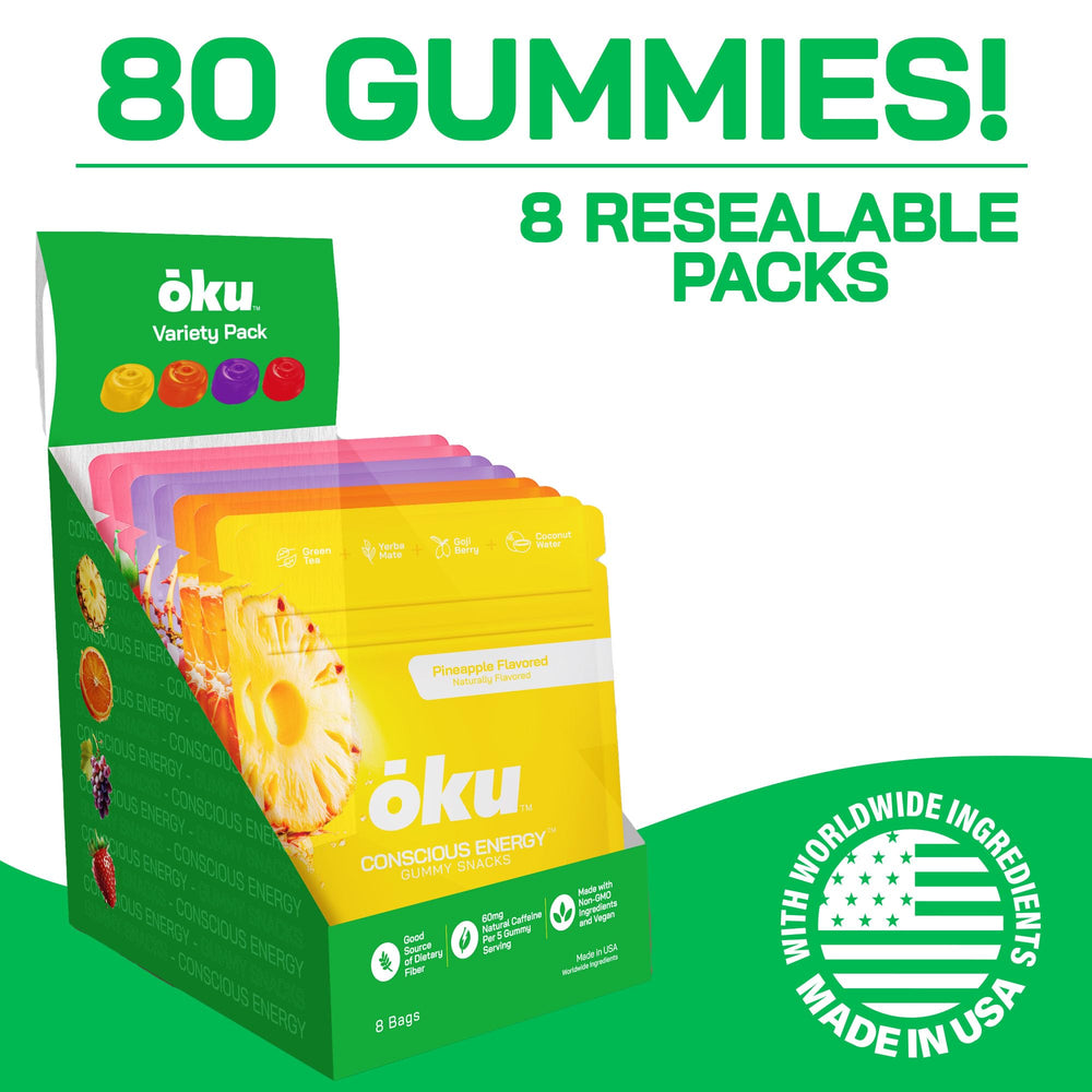 OKU ōku Energy Chews vegan gelatin-free gummies on a clean plate