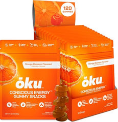 OKU ōku Energy Chews orange bag close-up for on-the-go energy support.