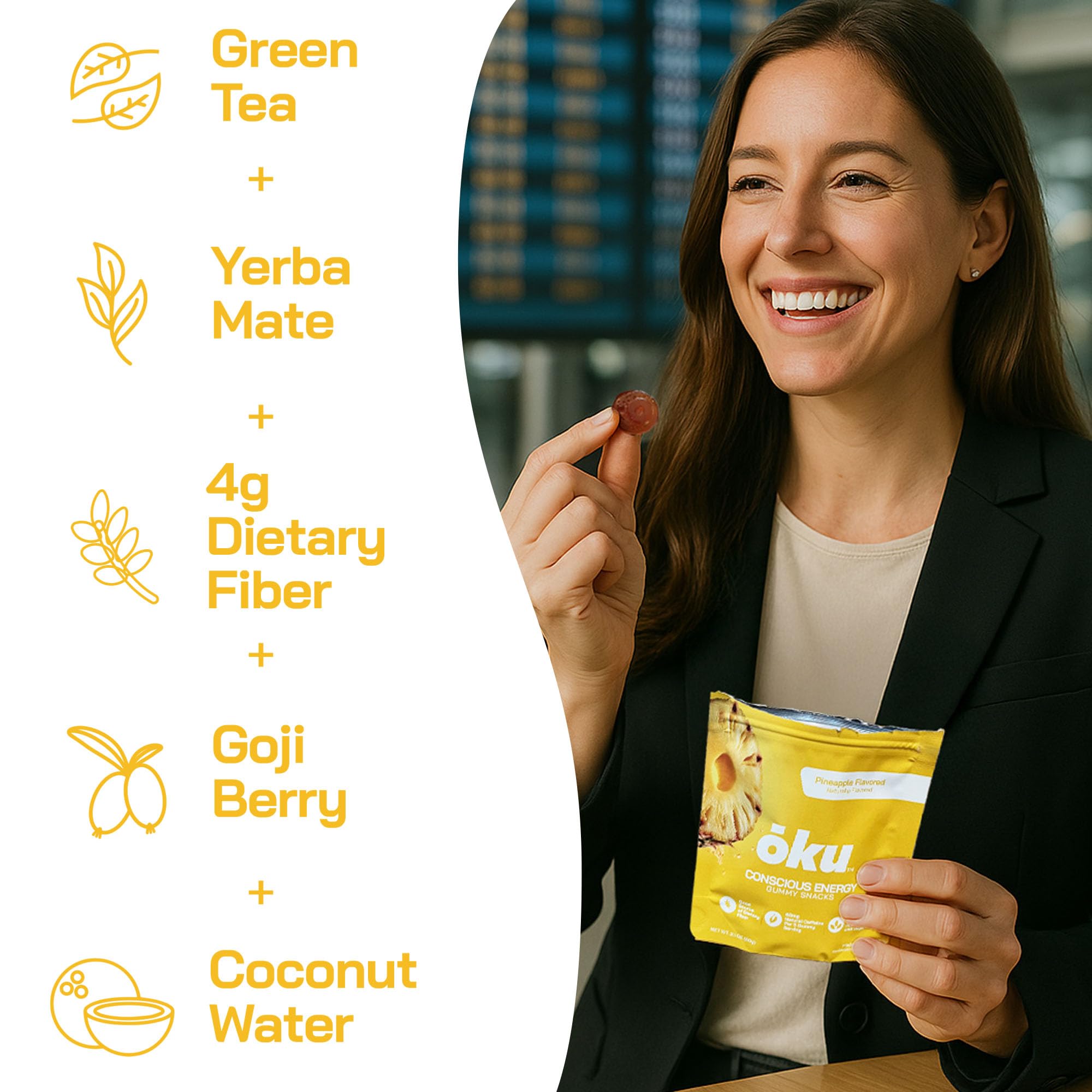 OKU ōku Energy Chews gummies closeup showing pineapple flavor and chewy texture