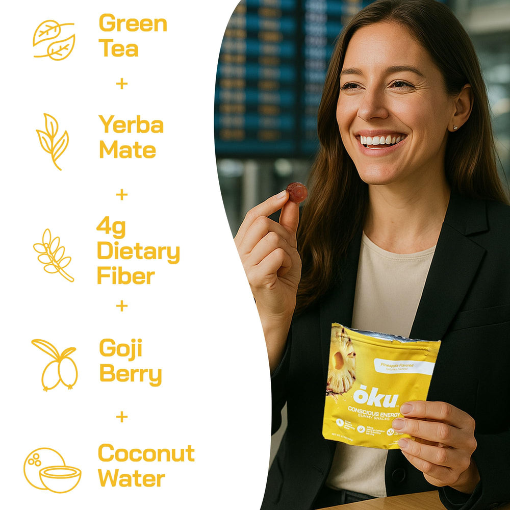 OKU ōku Energy Chews gummies closeup showing pineapple flavor and chewy texture