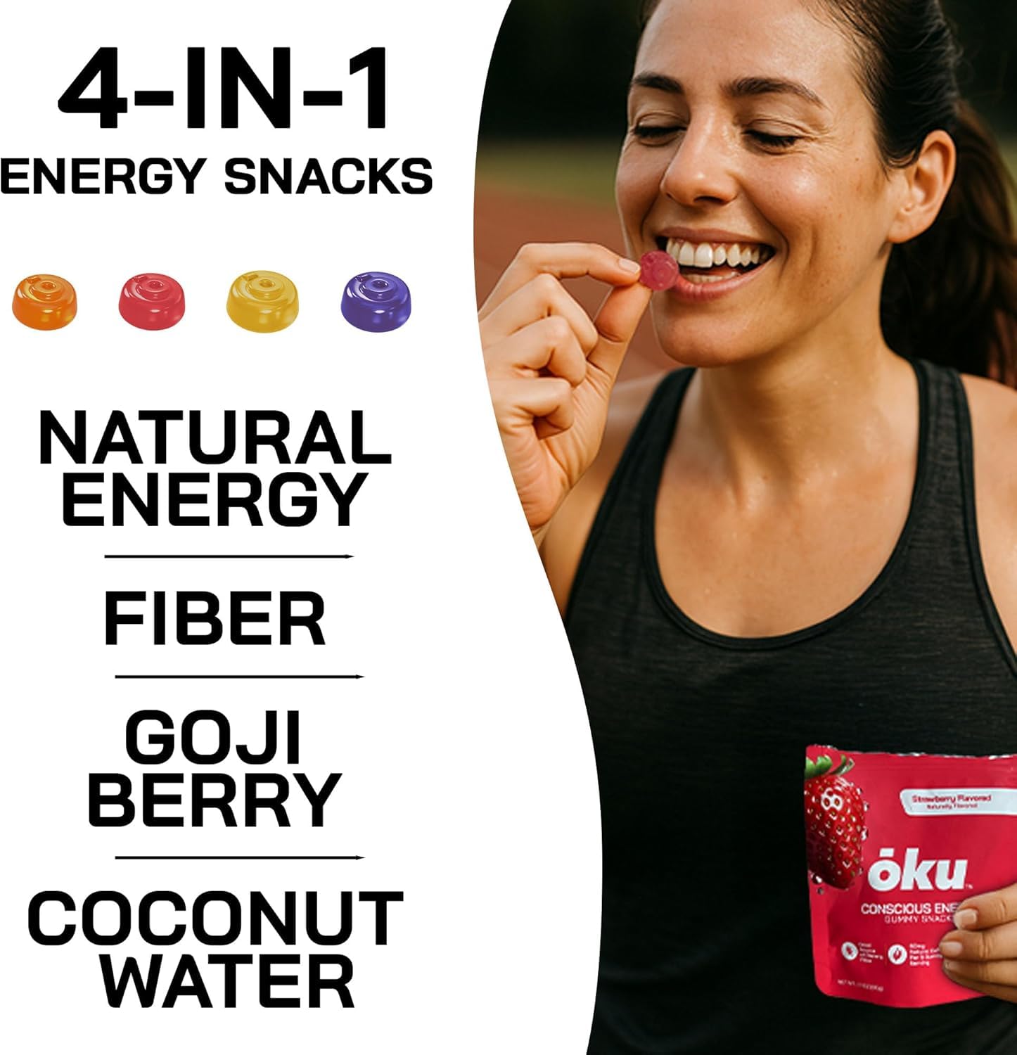 OKU ōku Energy Chews front pack shot highlighting vegan, non-GMO formula