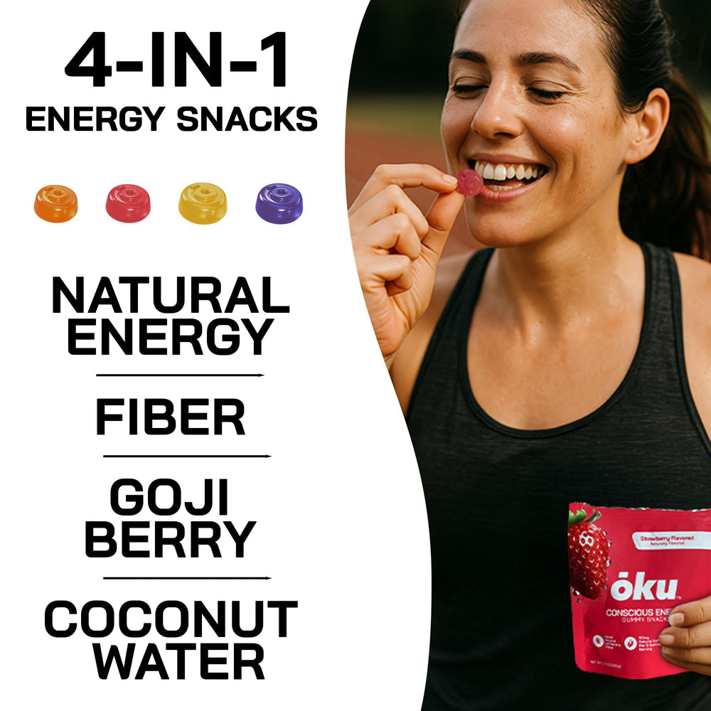 OKU ōku Energy Chews variety pack front highlighting flavors and portability