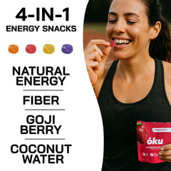 OKU ōku Energy Chews variety pack front highlighting flavors and portability