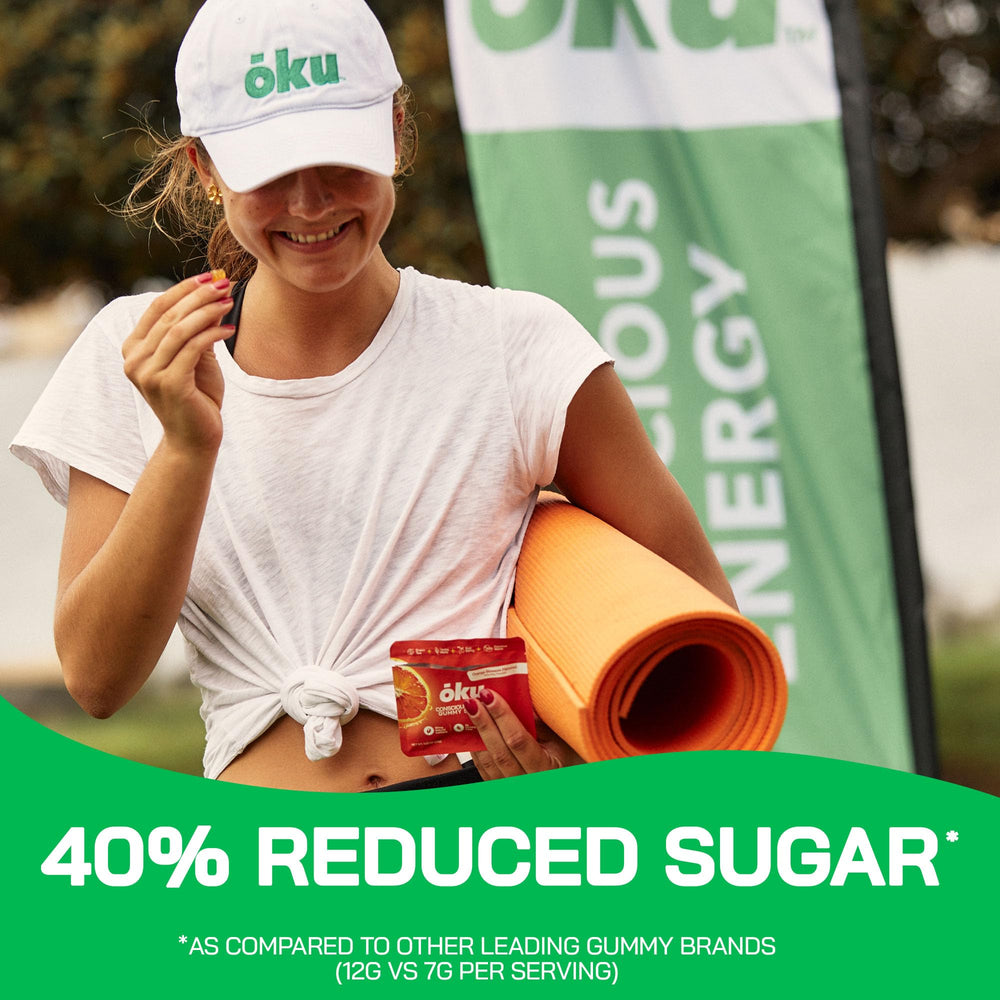 OKU ōku Energy Chews yerba mate caffeine source imagery emphasizing natural stimulation