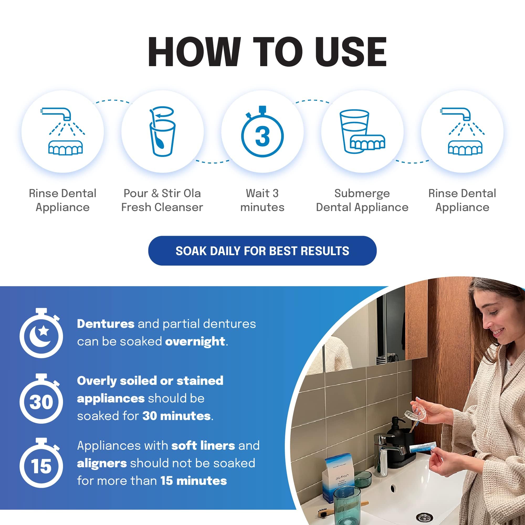 Overnight soak with Ola Fresh Dental Appliance Cleanser