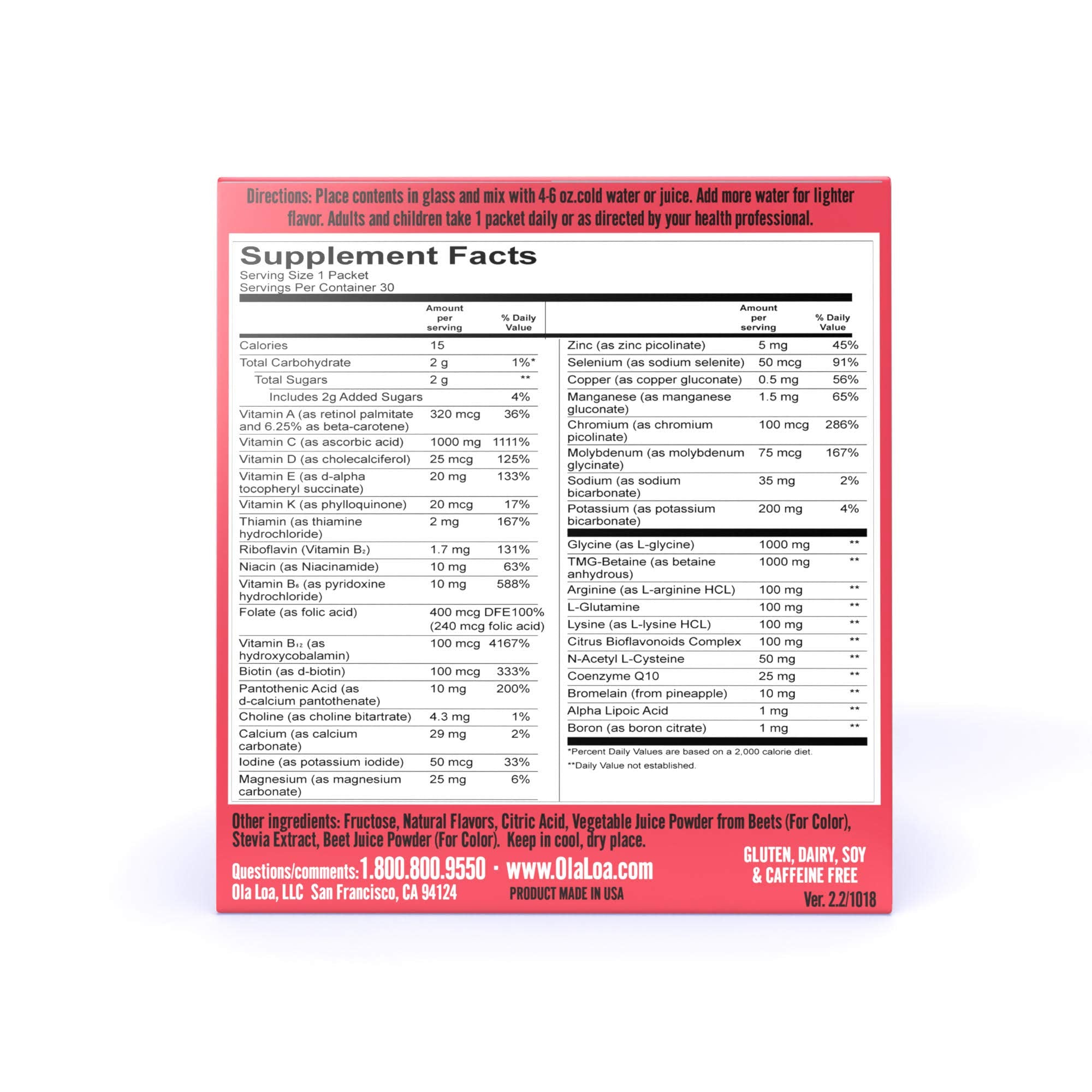 Close-up of the Ola Loa Energy Cran-Raspberry label