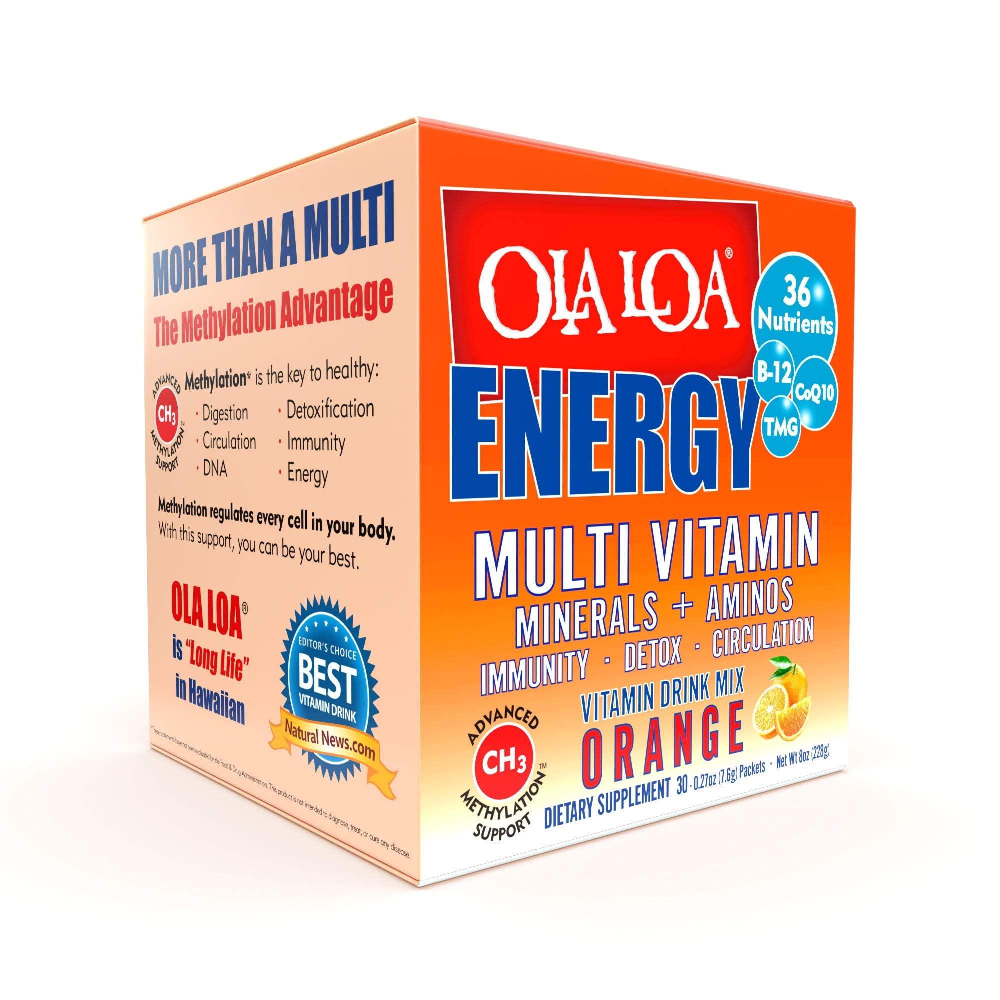 Front view of Ola Loa Energy Orange 30-packets box