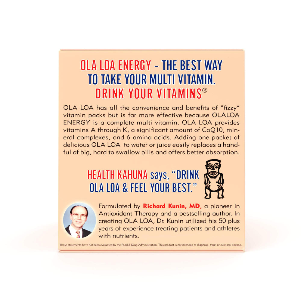 Back packaging with nutrition information for Ola Loa Energy Orange