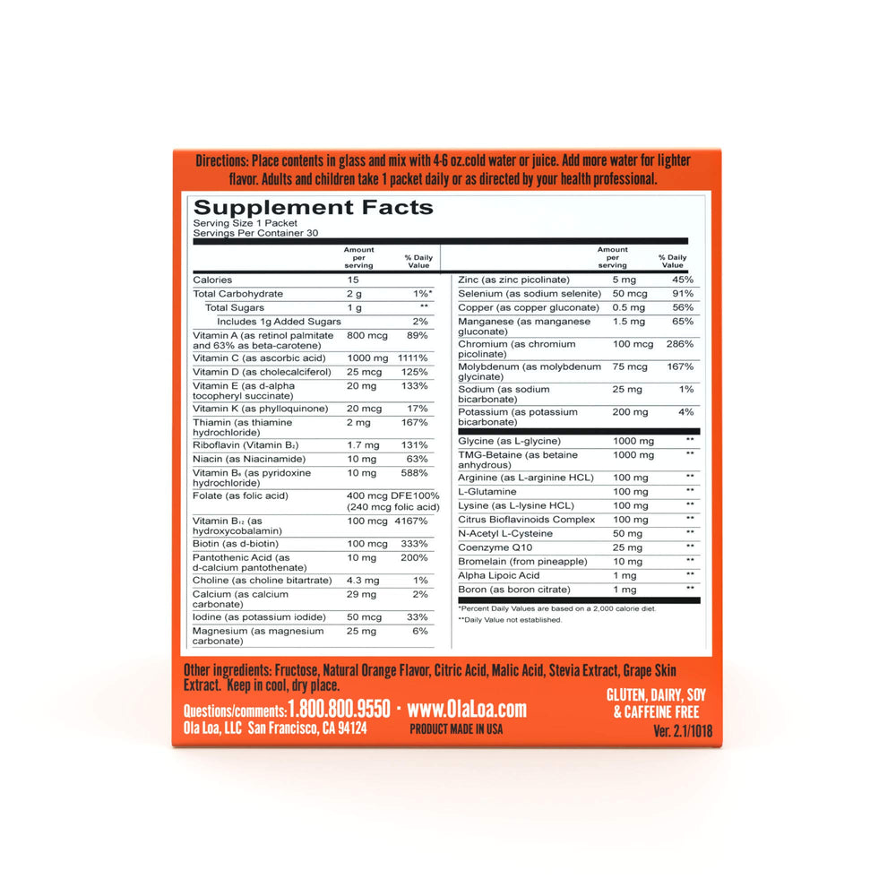 Nutrition facts panel for Ola Loa Energy Orange