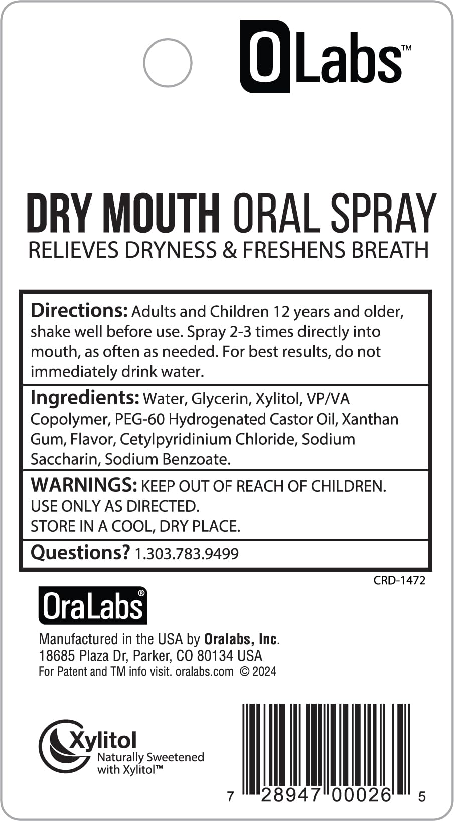 Olabs Dry Mouth Spray packaging label