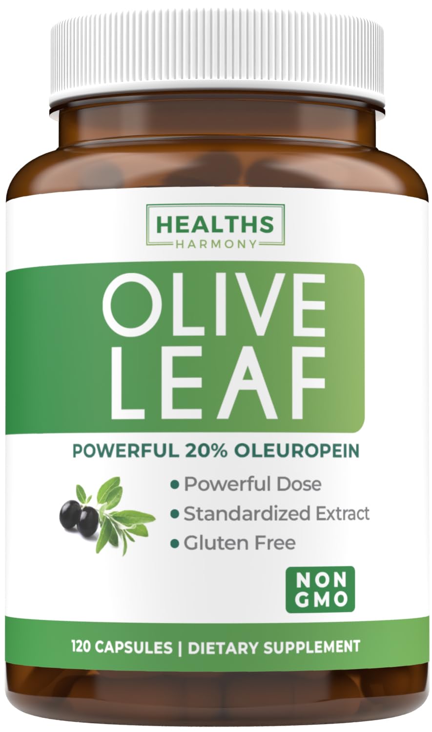 Bottle of olive leaf extract capsules with label on a white background
