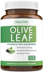 Bottle of olive leaf extract capsules with label on a white background