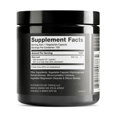 Capsules close-up showing 500 mg olive leaf extract per capsule