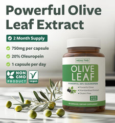 Close-up of Olive Leaf Extract capsules label showing 750mg and 20% Oleuropein