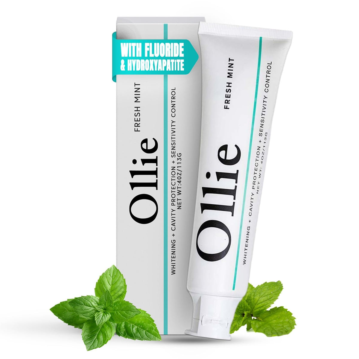 Ollie Fresh Mint Toothpaste 4oz tube and packaging on white background