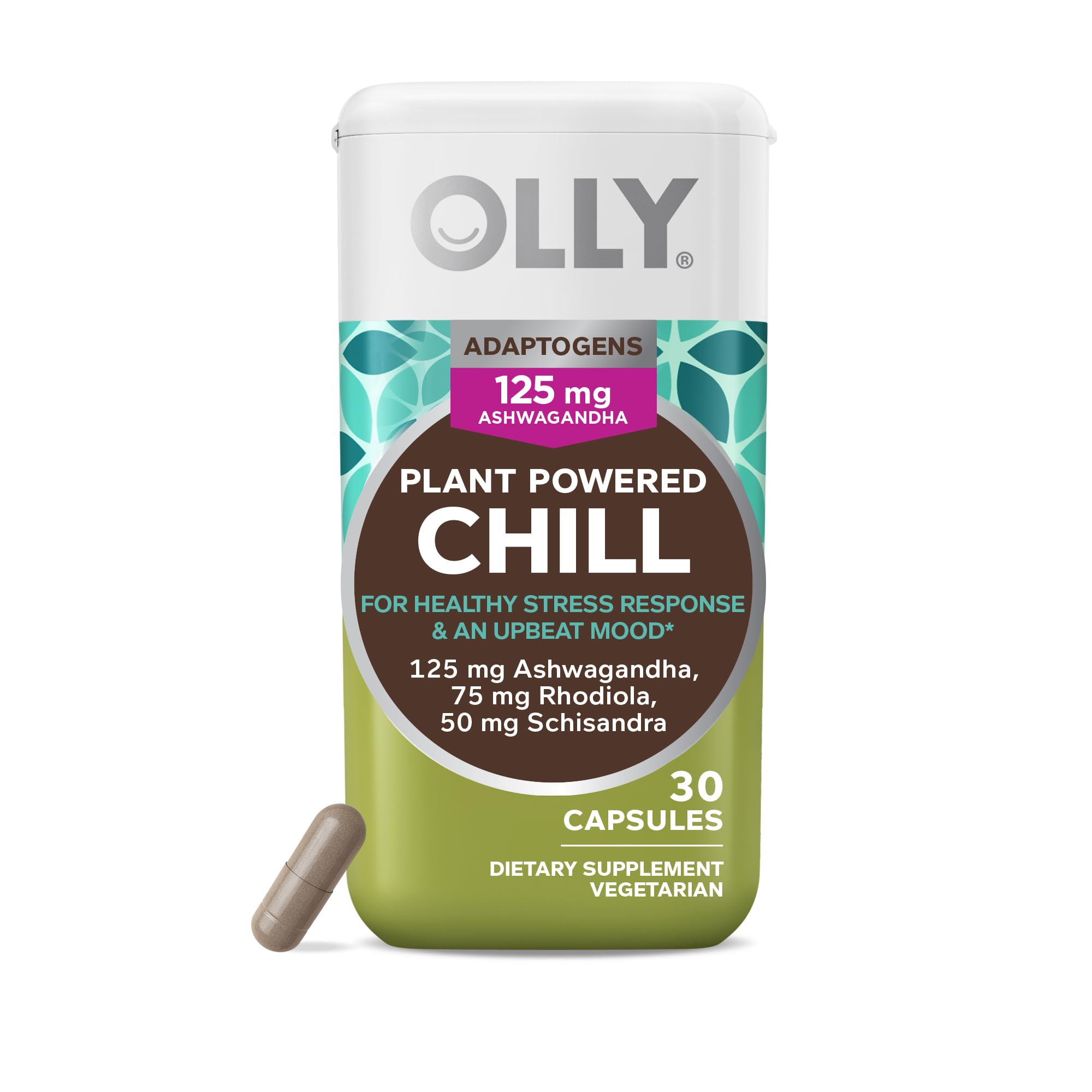 OLLY Chill adaptogen bottle with label focusing on ashwagandha