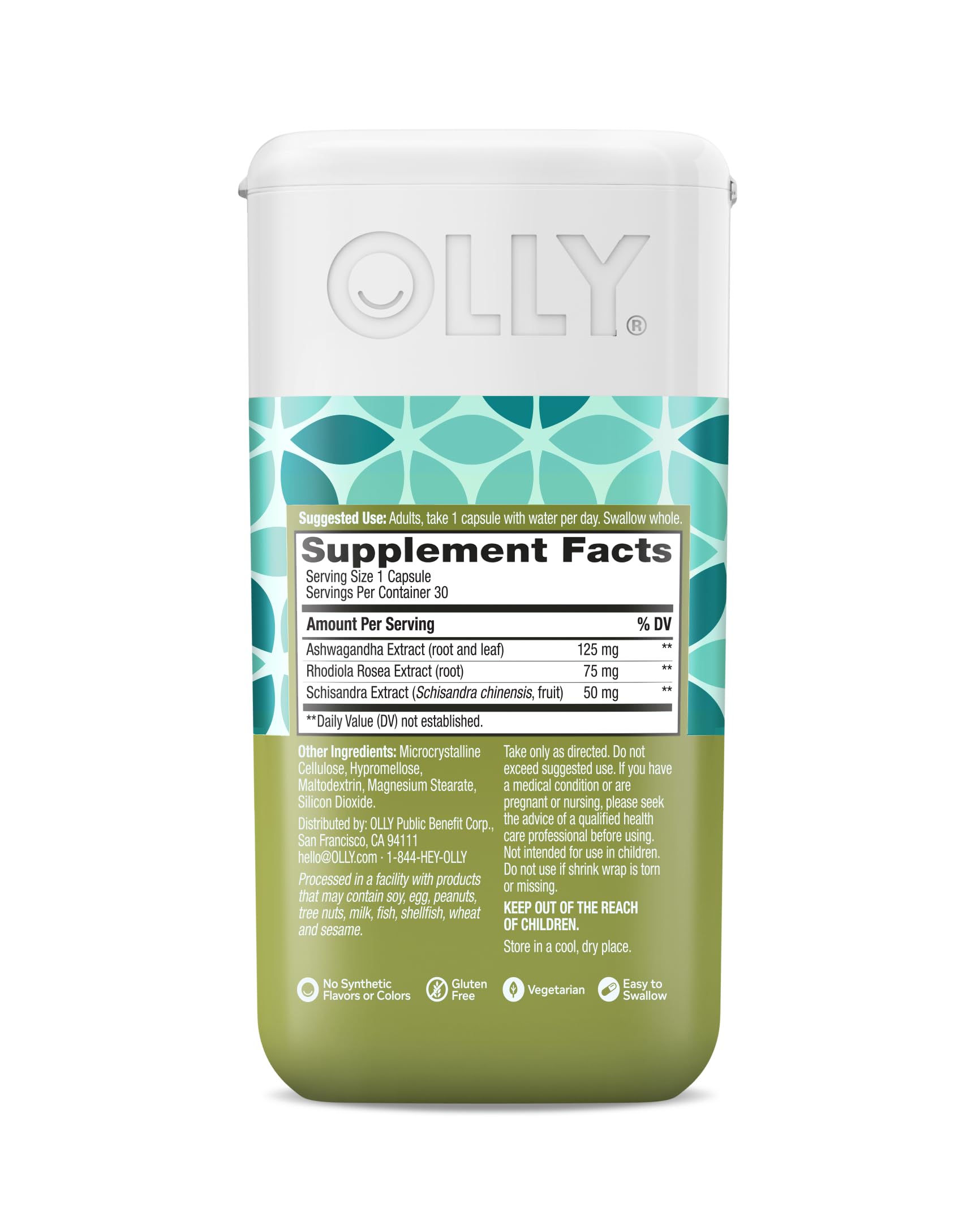 One capsule of OLLY Chill being taken with water