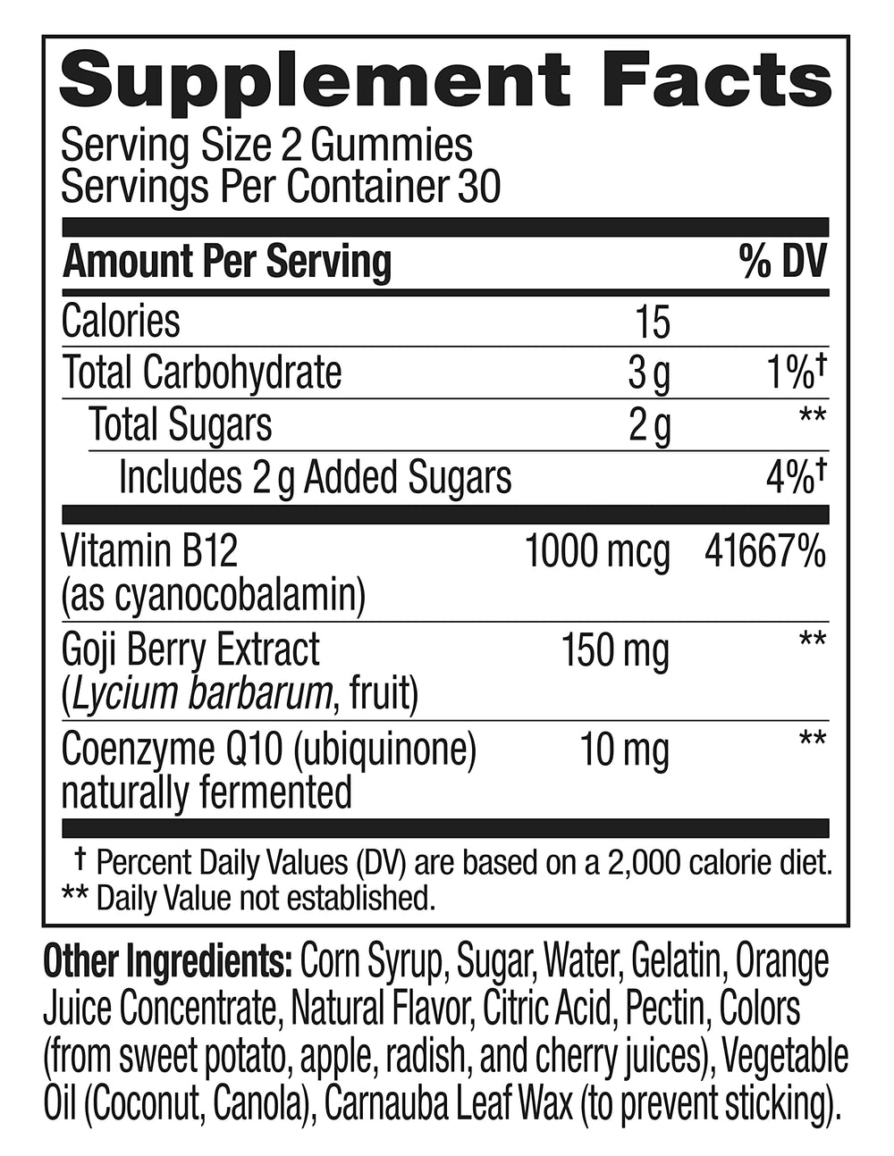 Nutrition label with 1000 mcg Vitamin B12 and CoQ10