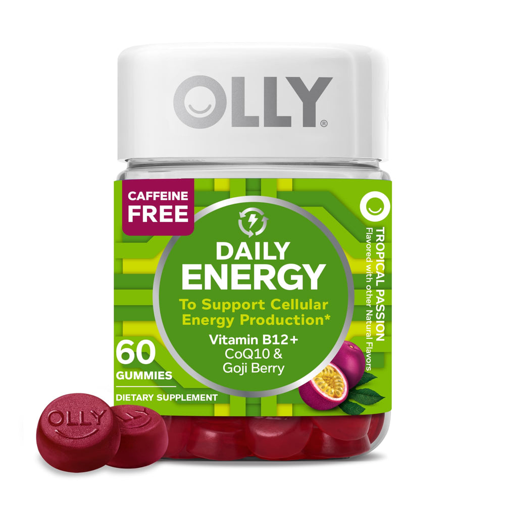 OLLY Daily Energy gummy bottle close-up with tropical flavor and caffeine-free energy support.