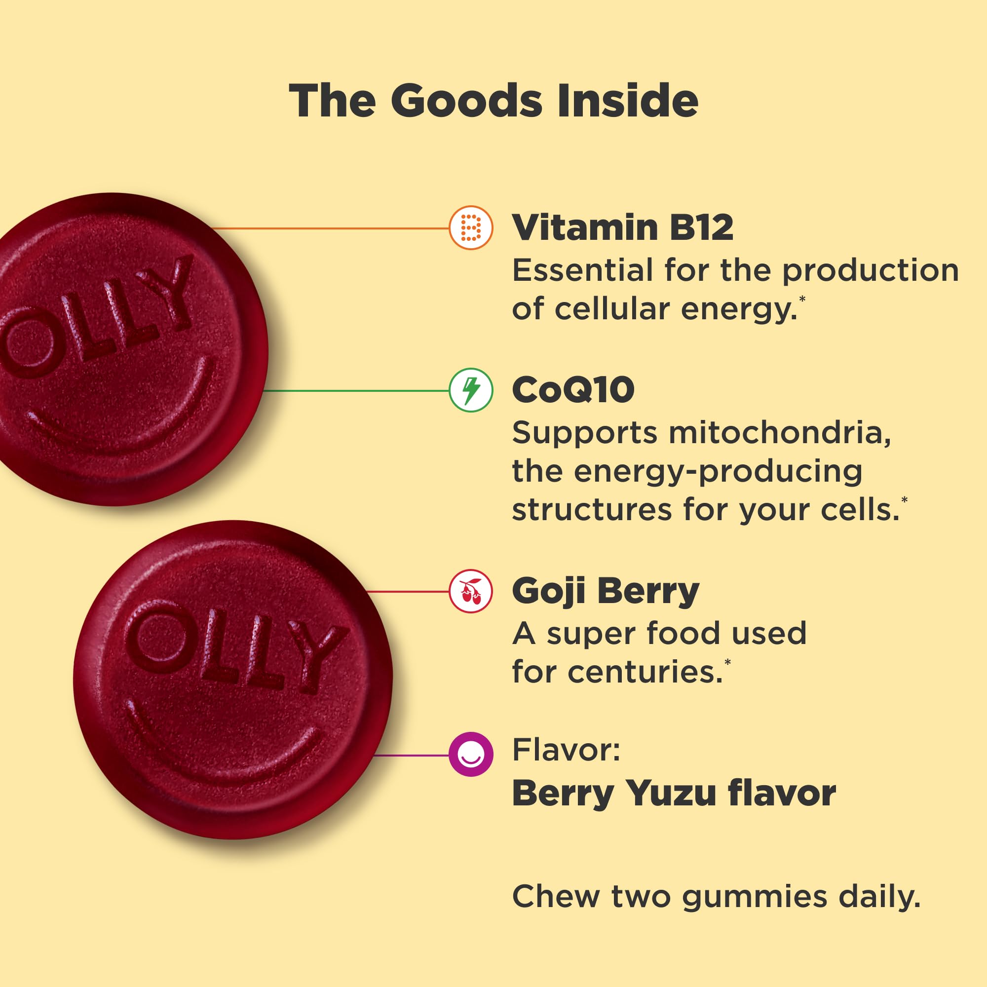 OLLY Extra Strength Daily Energy Gummy Berry Yuzu bottle side view