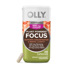OLLY Focus Adaptogen bottle with label featuring Ginseng, Gotu Kola, and Lemon Balm