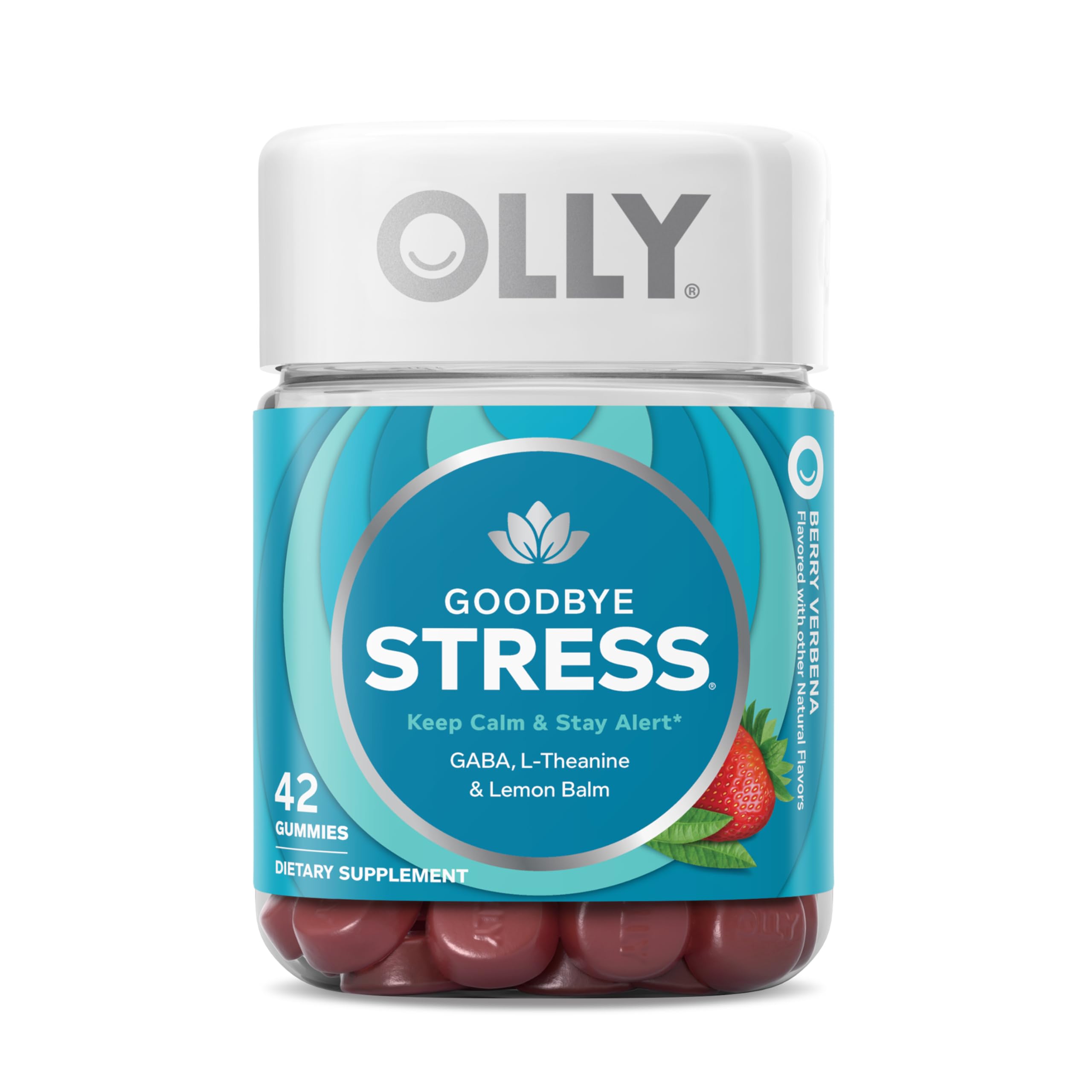 OLLY Goodbye Stress gummy bottle for on-the-go calm and quick relaxation.