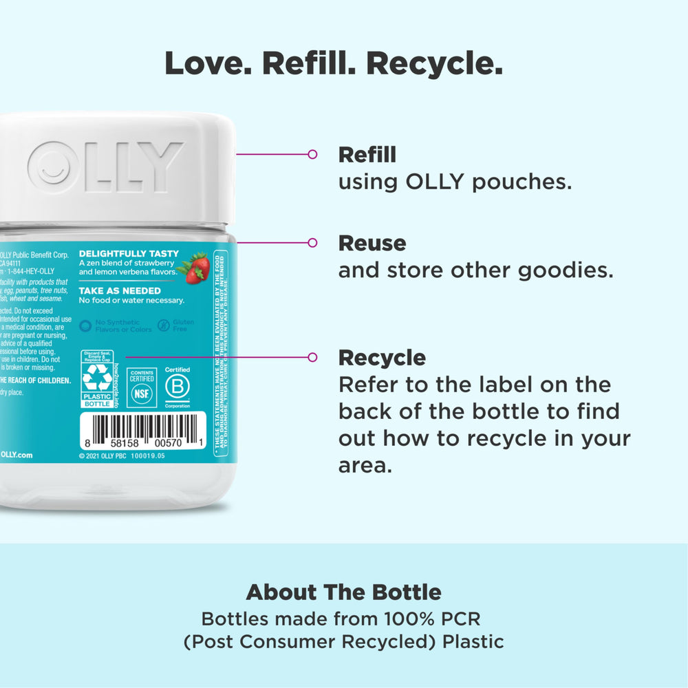 Close-up of OLLY Goodbye Stress label emphasizing natural berry flavor and botanicals.