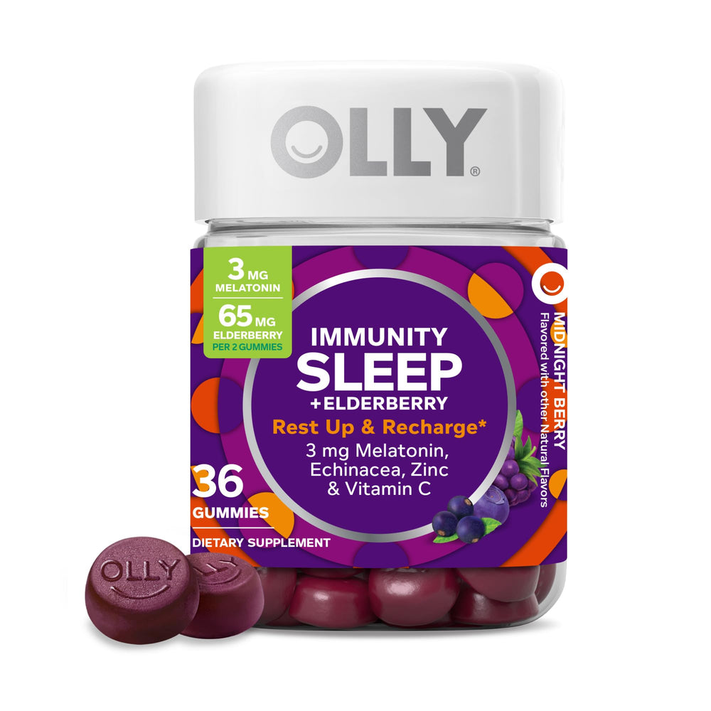Front view of OLLY Immunity Sleep + Elderberry bottle — Berry flavor, 36 gummies