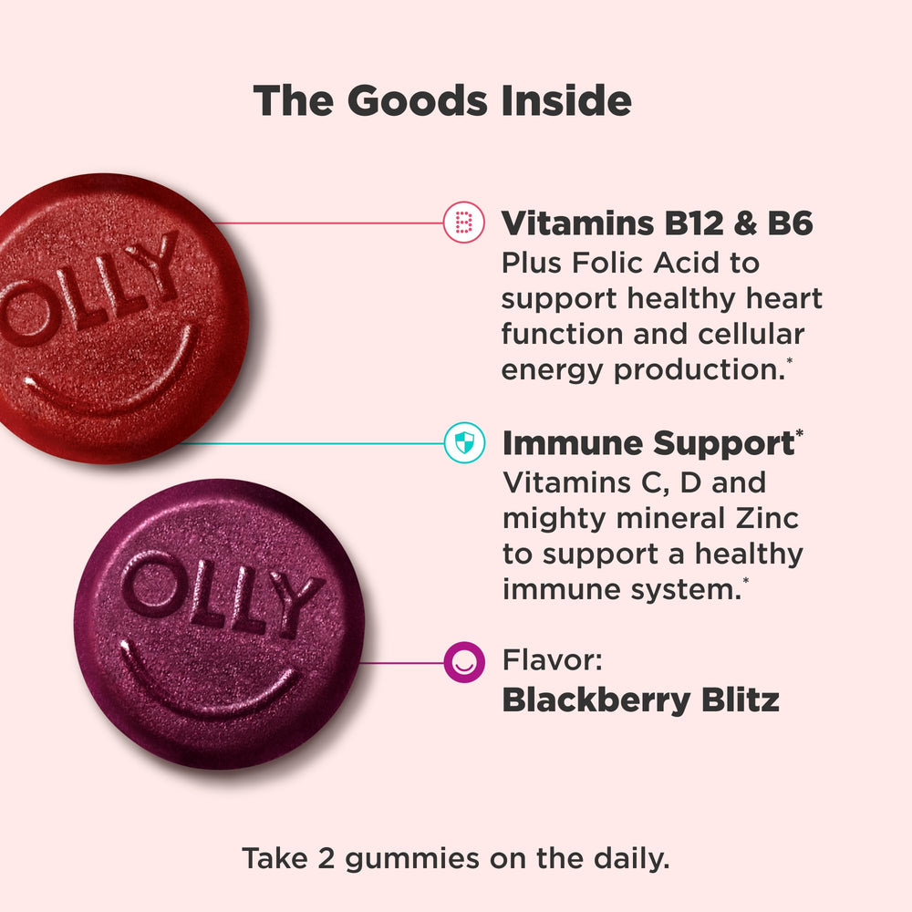 OLLY Blackberry flavor close-up showing chewy texture for daily energy support.