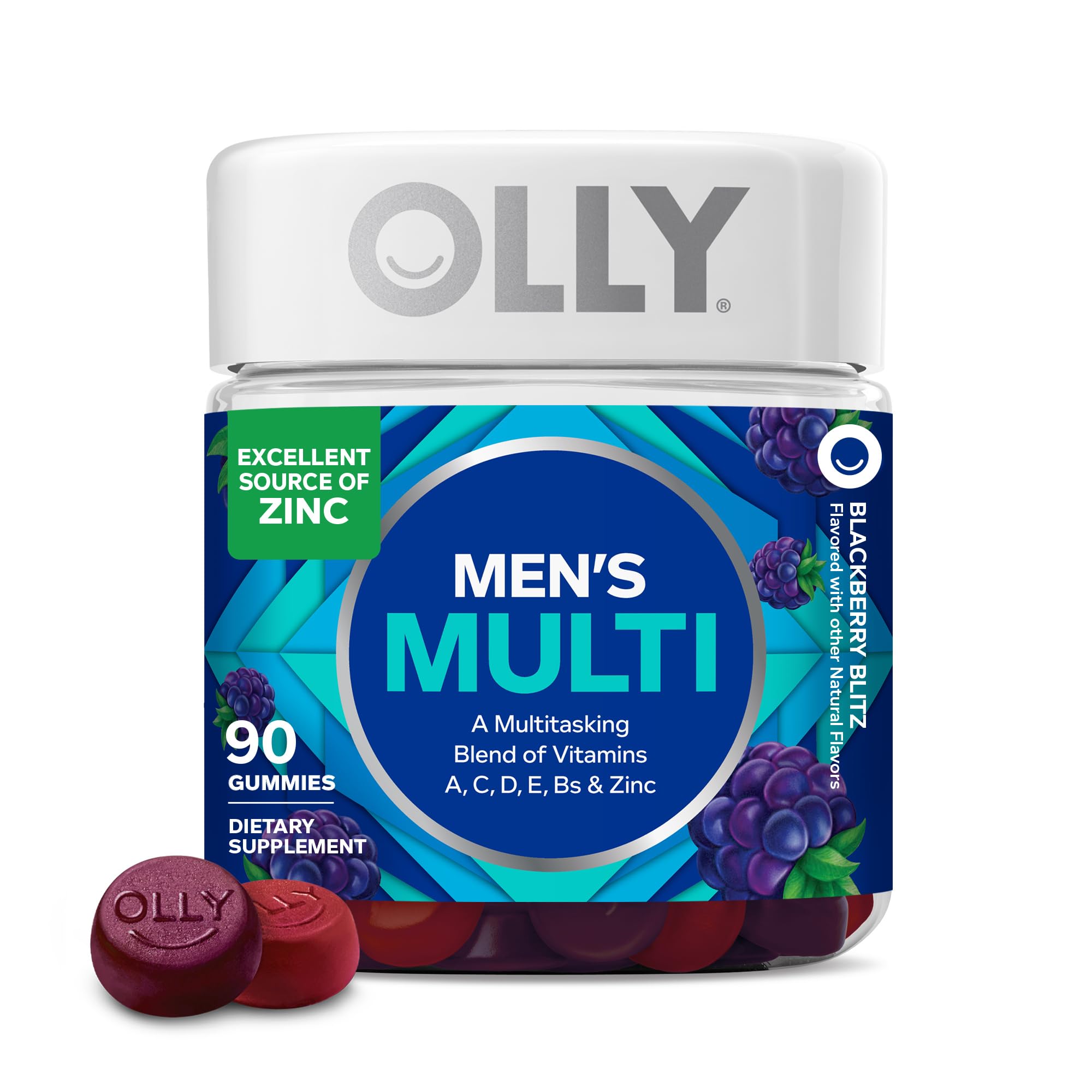 OLLY Men’s Multivitamin Gummy bottle front shows blackberry flavor for daily wellness.