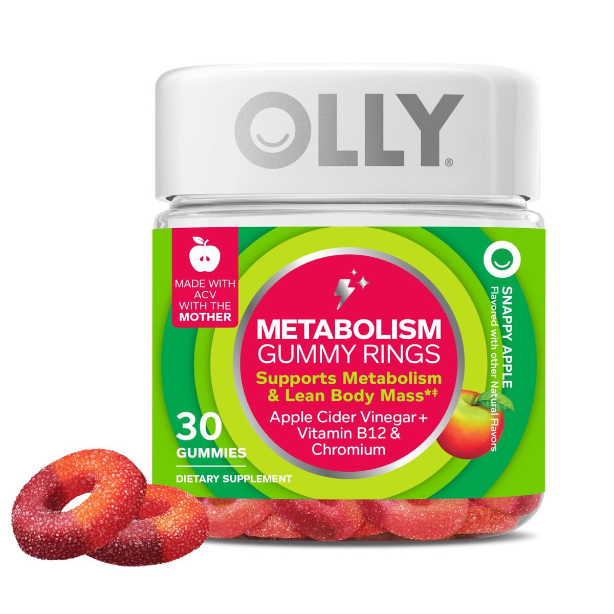 Front view of OLLY Metabolism Gummy Rings bottle featuring Apple Cider Vinegar flavor.