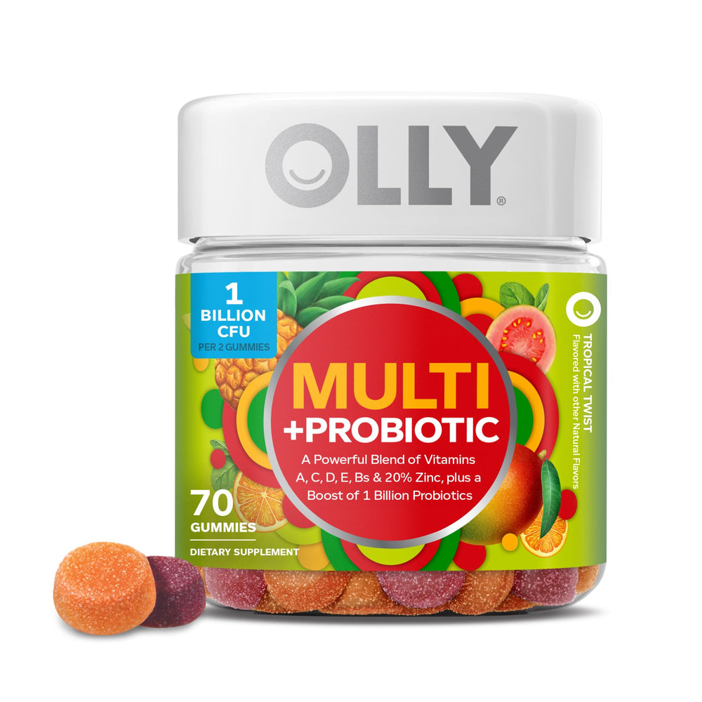 OLLY Multi + Probiotic bottle label shows tropical flavor and daily wellness focus.