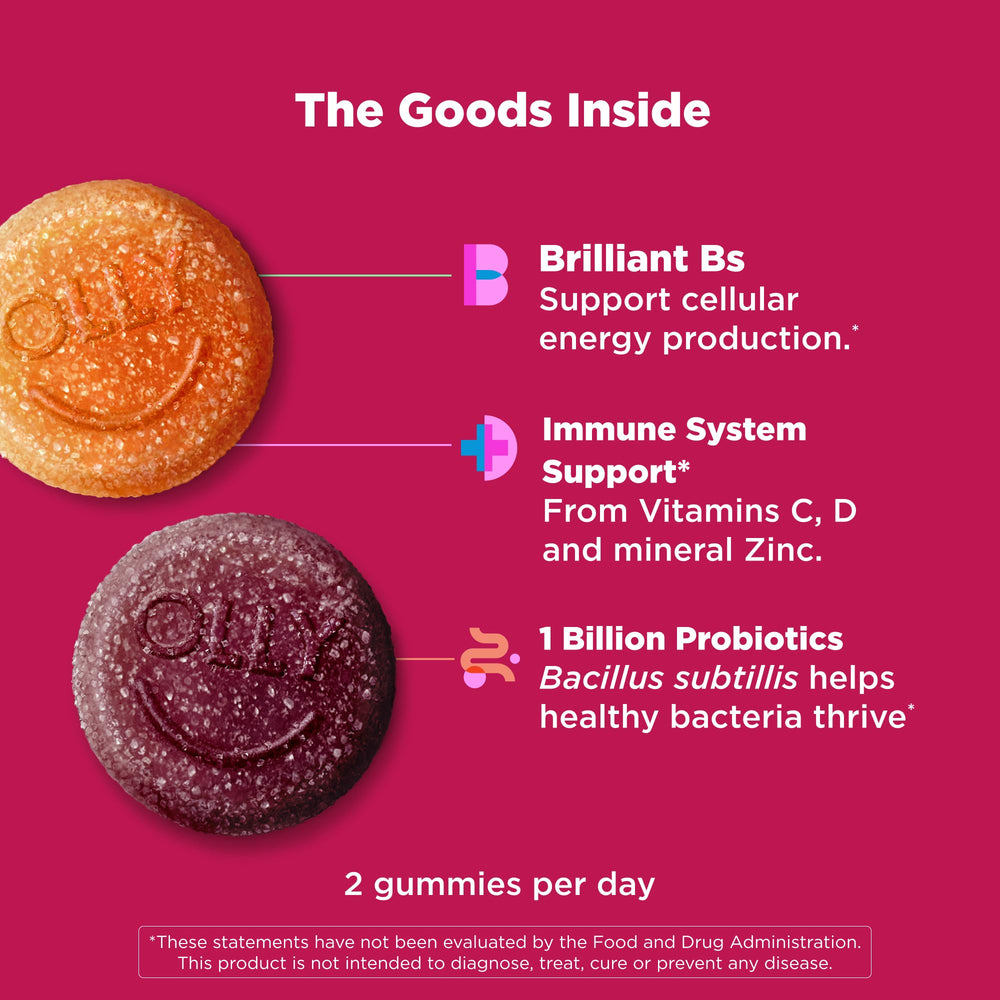OLLY nutrition facts card highlights vitamins and minerals for everyday health.
