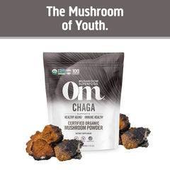 Packaging of Om Mushroom Superfood Chaga powder showing USA production
