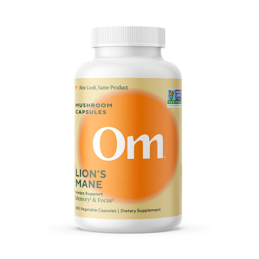 Om Lion’s Mane capsules bottle on white background