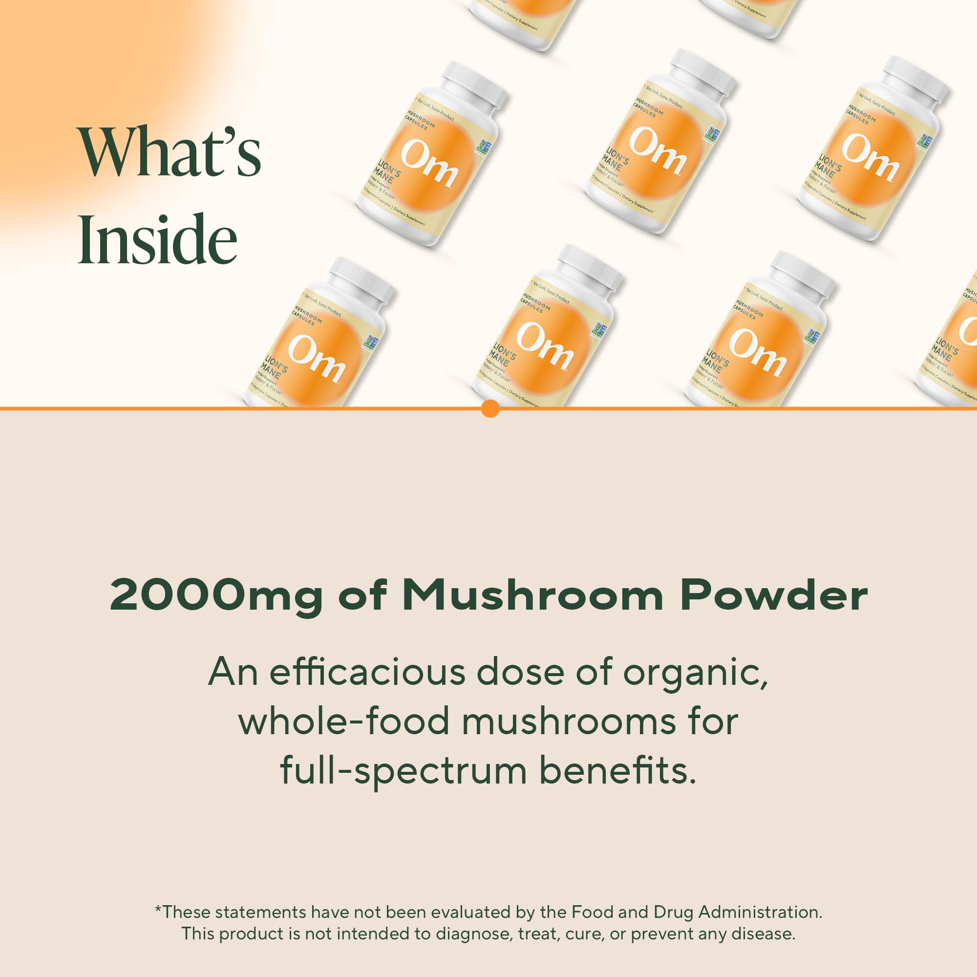 Serving size showing three capsules for Om Lion's Mane