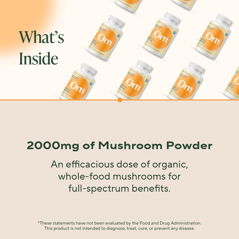 Serving size showing three capsules for Om Lion's Mane
