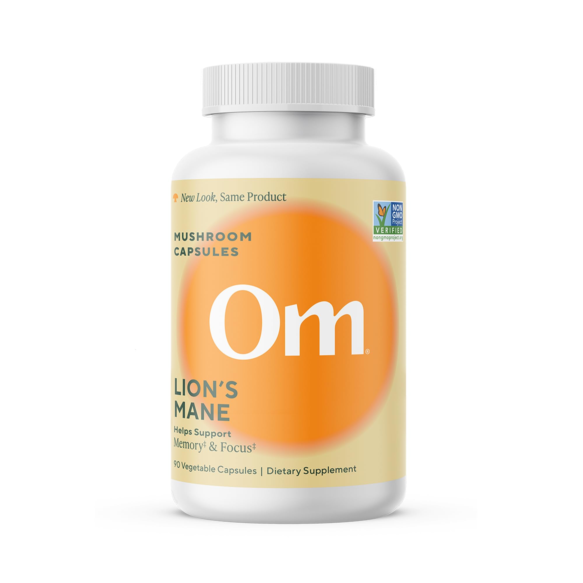Om Lion's Mane Capsules bottle on white background