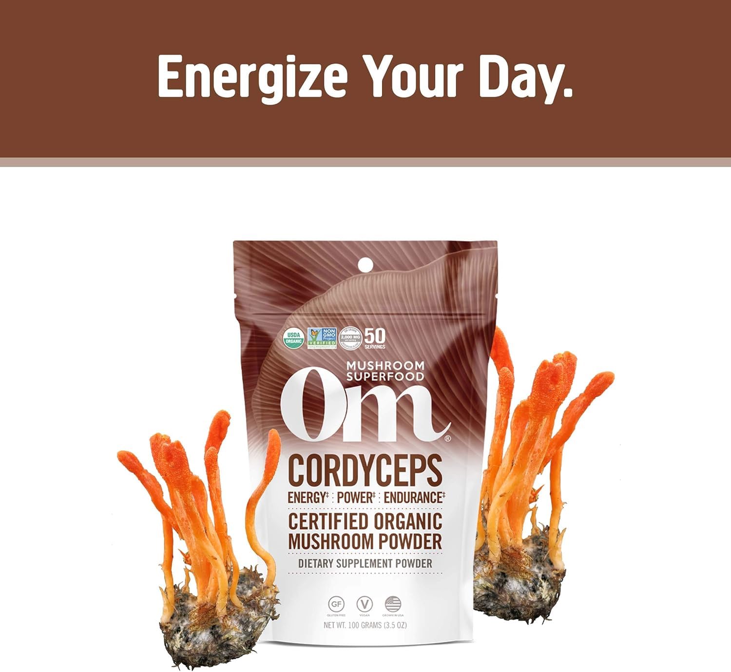 Cordyceps powder being mixed into water or smoothie