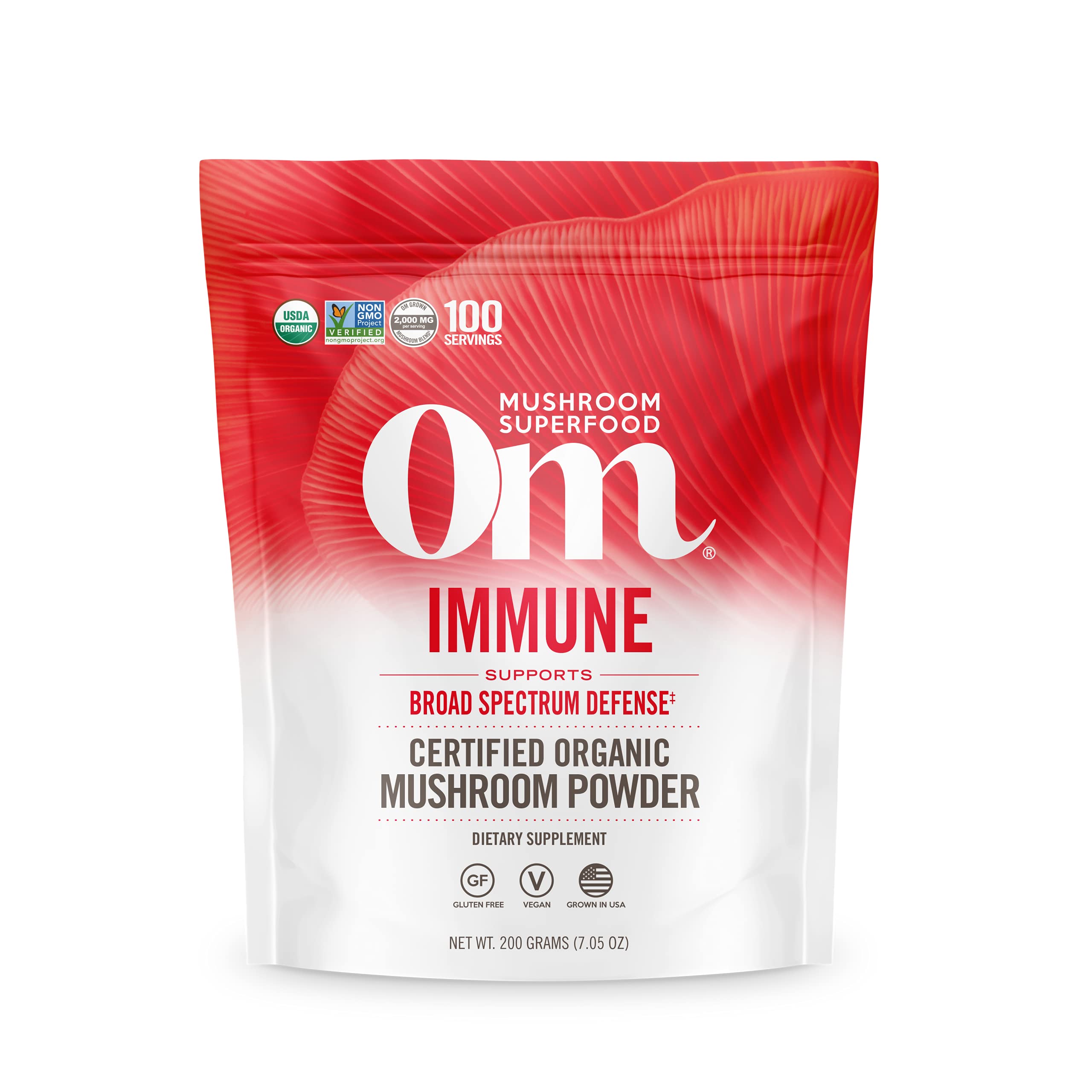 Front label of OM Mushroom Immune Blend powder