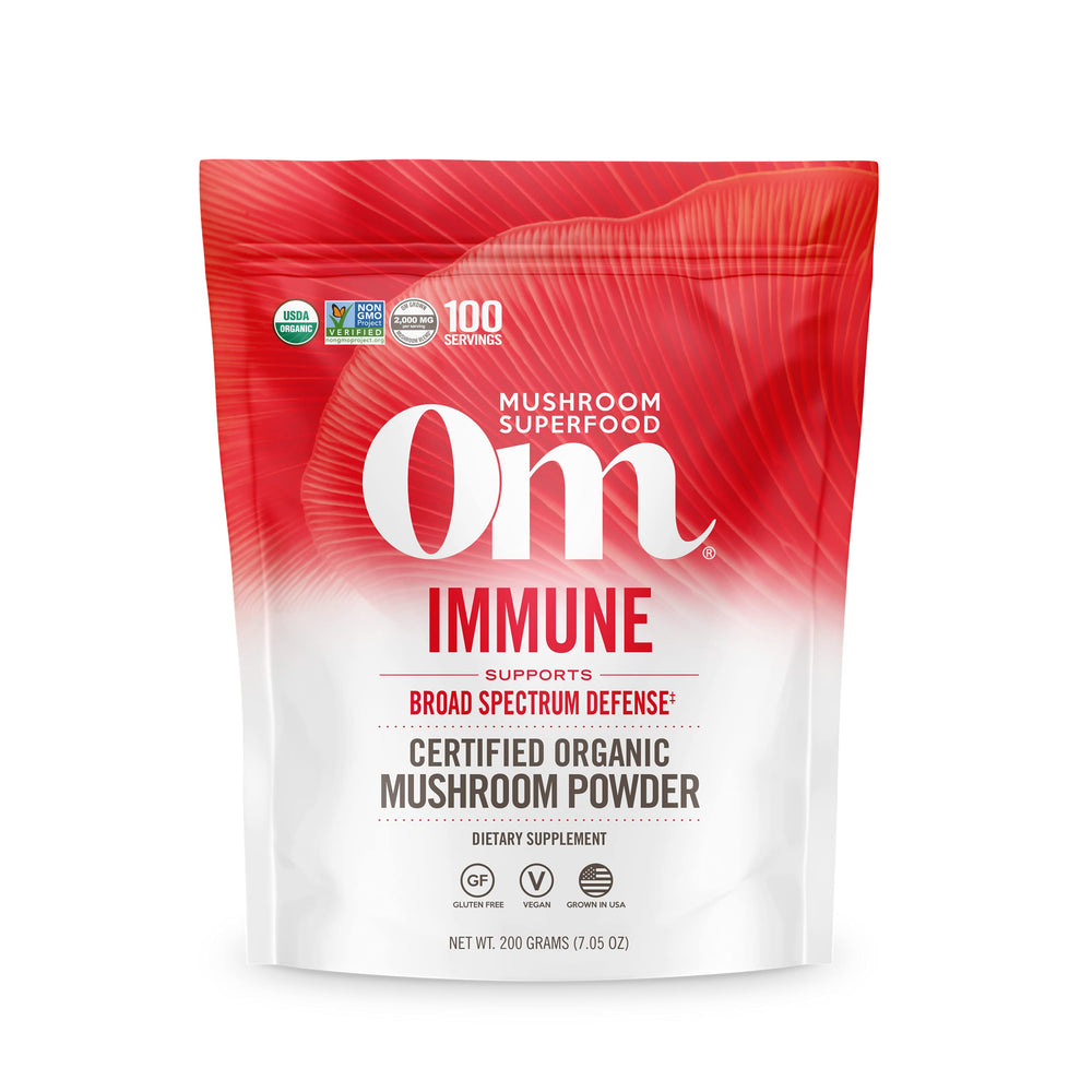 Front label of OM Mushroom Immune Blend powder