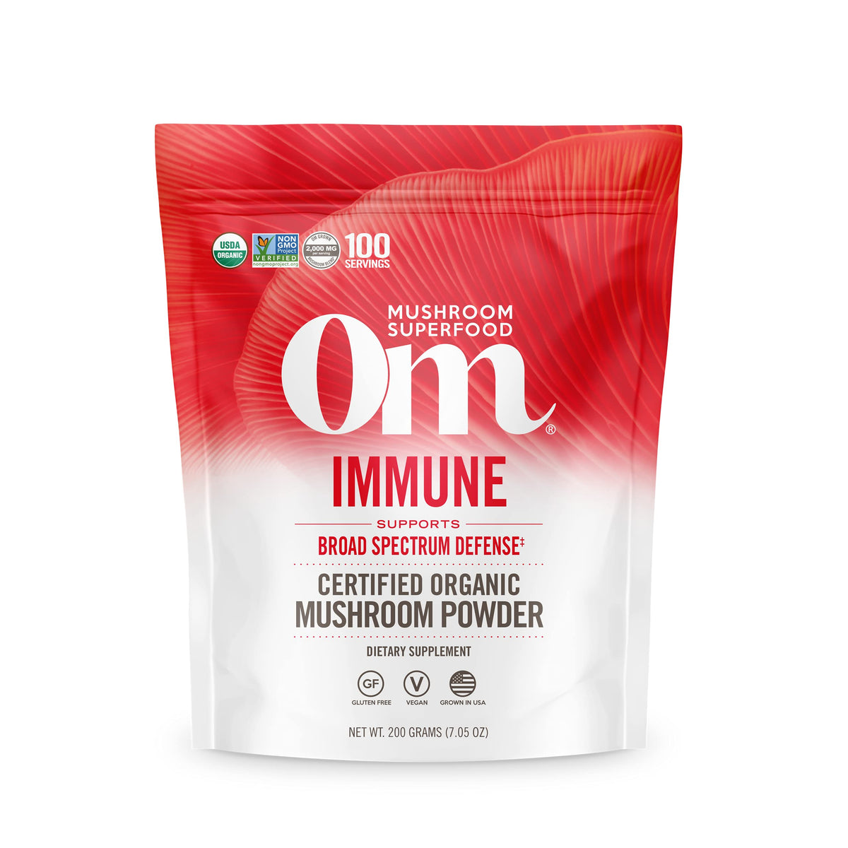 Front label of OM Mushroom Immune Blend powder