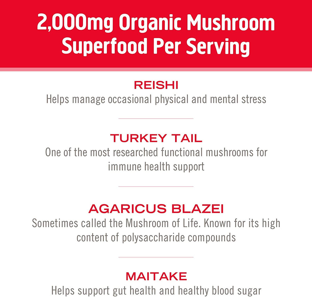 Certifications: USDA Organic, Non-GMO, vegan and gluten-free for Om Mushroom