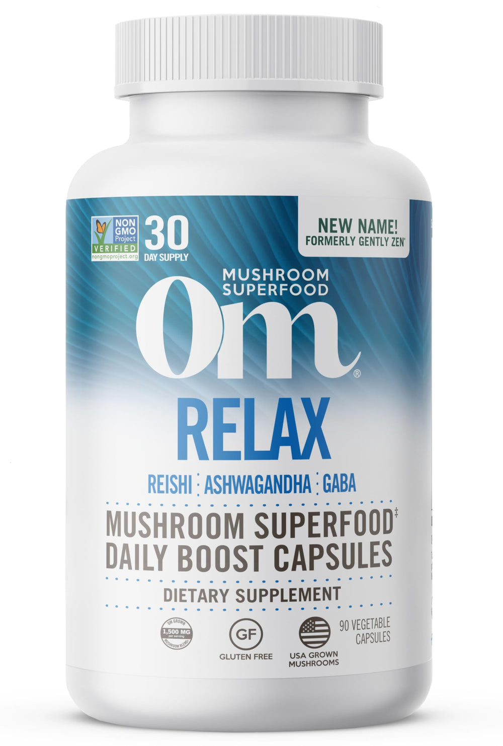 Front view of OM Mushroom Relax Capsules bottle (90-count)