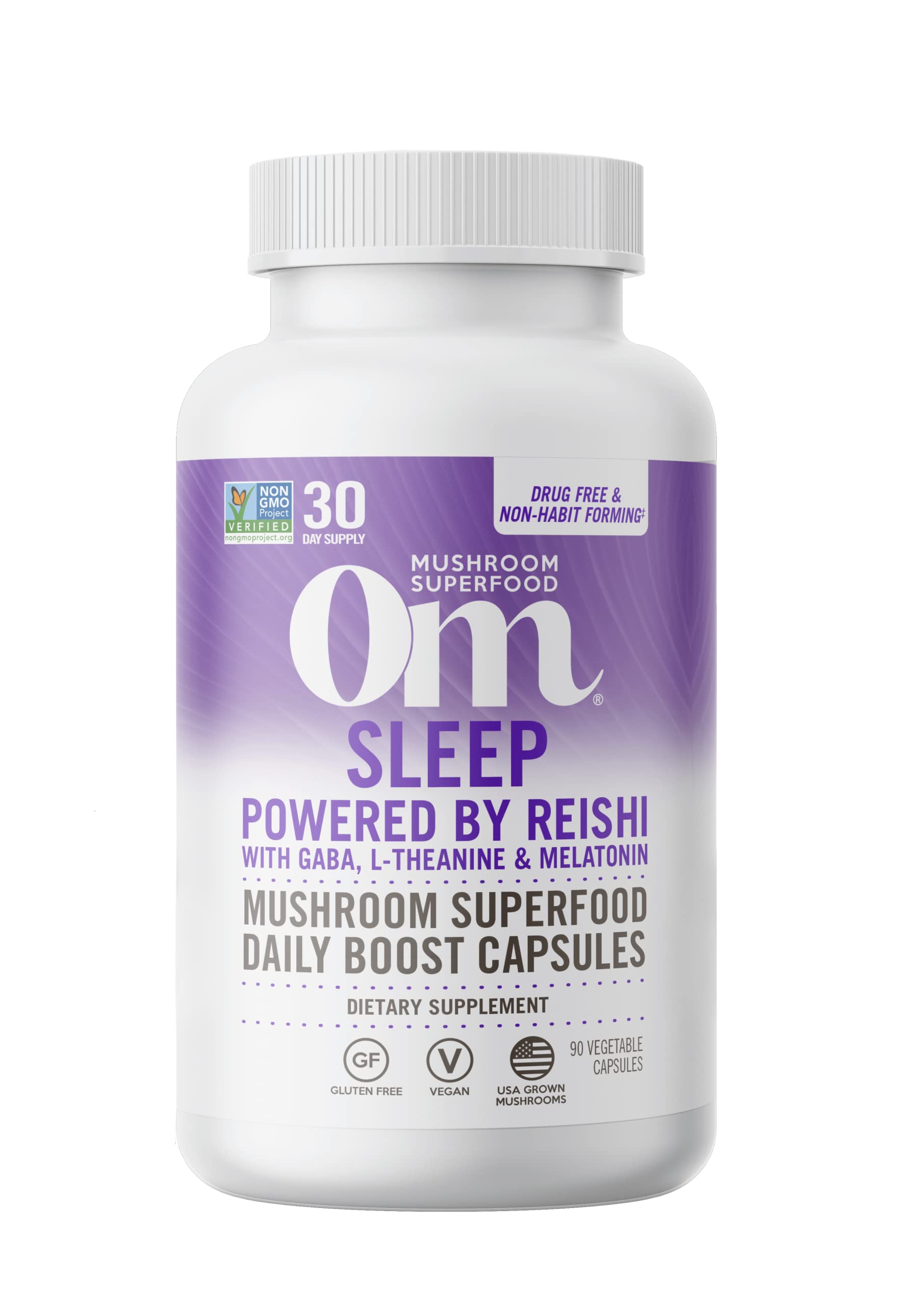 Front view of OM Mushroom Sleep Capsule bottle